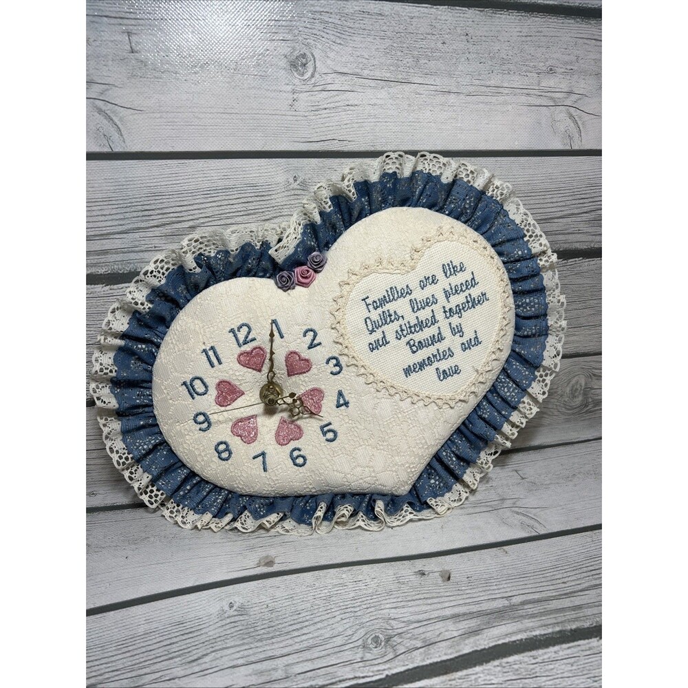 Wall Clock 80s/90s Heart Stitching Blue Ruffles MCM Vintage Cottagecore